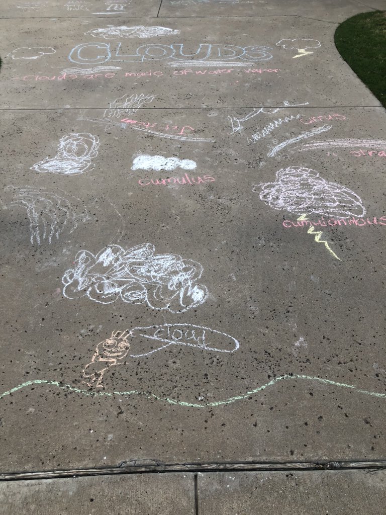 vtmurphey's tweet photo. My neighbors spent the day learning about clouds during outdoor time with their mom and I enjoyed taking a look at their art work as we walked by this evening. https://t.co/QqmAYwtsb0