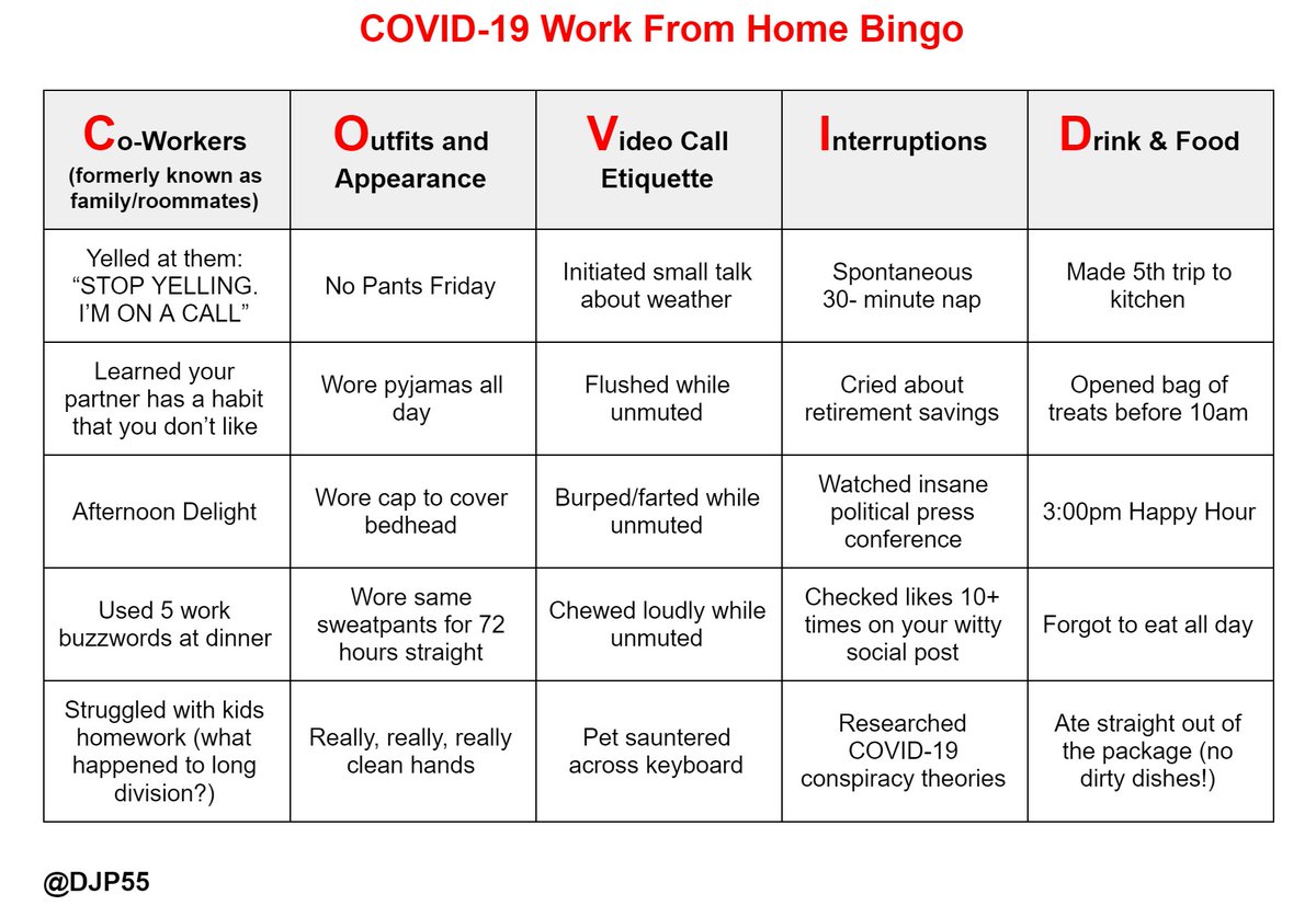 djp55's tweet photo. COVID-19 Work From Home bingo - How many of these can you complete today? #covid2019 https://t.co/gOafUfUCMX