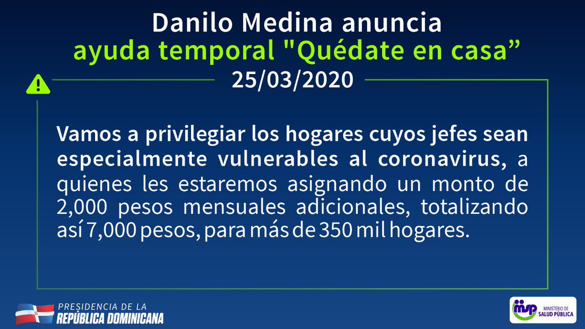 GobiernoDanilo's tweet photo. Presidente @DaniloMedina anuncia ayuda temporal “Quédate en casa”.

811 mil familias de @ProSoliRD y 690 mil familias adicionales categorizadas como pobres o vulnerables se beneficiarán. 

Detalles en estas imágenes. 
#CoronavirusRD https://t.co/y77xejcCsg