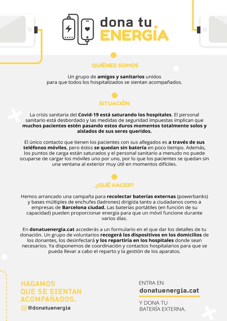 #donatuenergía Fantástica iniciativa para que los pacientes de Covid-19 puedan usar sus móviles y sentirse acompañados en la soledad del ingreso hospitalario. Entra en donatuenergia.cat