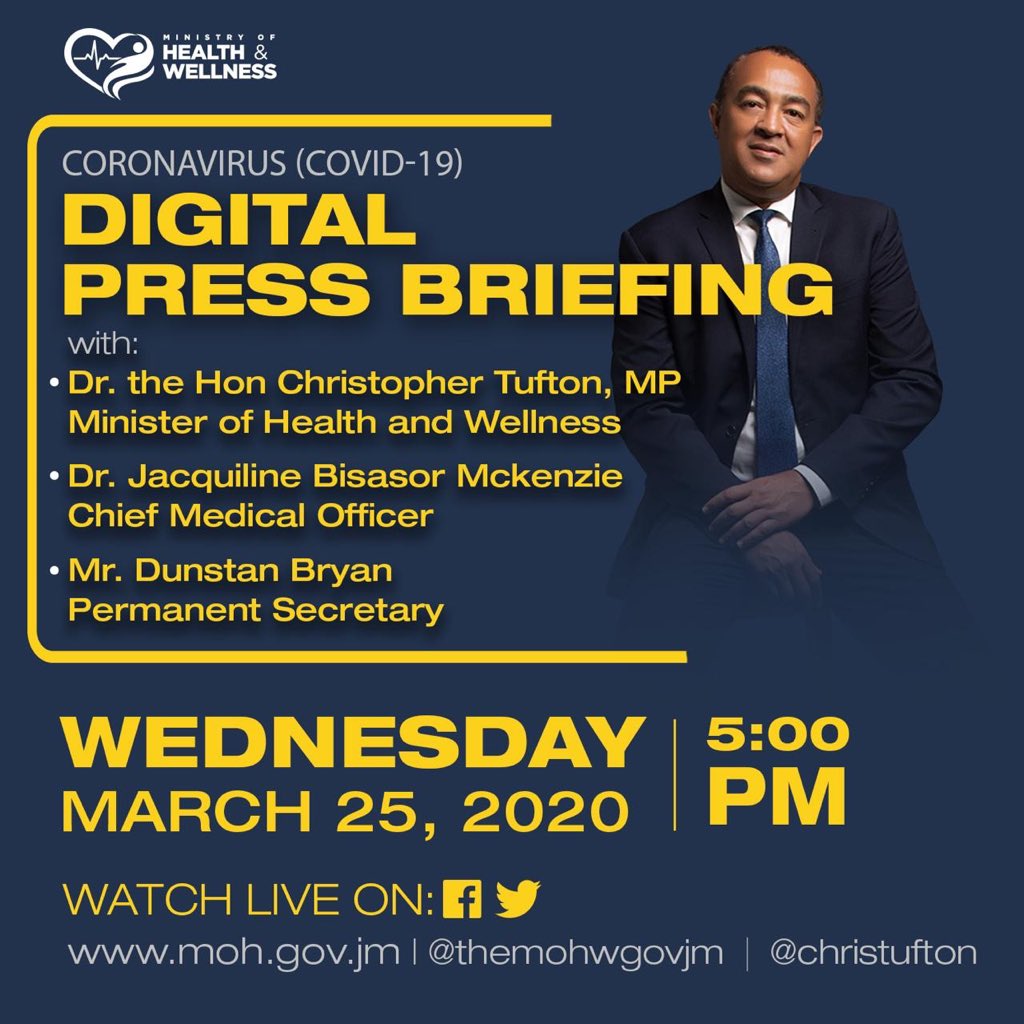 Join us in an hour for the official  @themohwgovjm media/press briefing for  #Covid19Jamaica today. It will be live on my Twitter + FB and  @themohwgovjm website, Twitter + FB. Thanks for your continued support  #JaCovid19