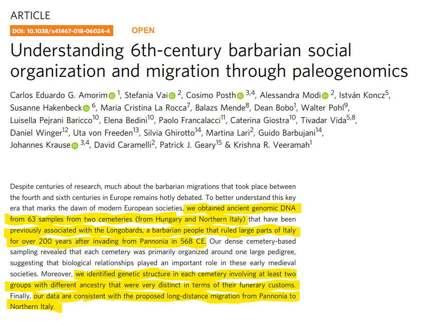 Understanding 6th-century barbarian social organization and migration through paleogenomics"data are consistent with...proposed...migration from Pannonia to Northern Italy""we cannot reject the migration..of the Longobards described in historical texts." https://www.ncbi.nlm.nih.gov/pmc/articles/PMC6134036/