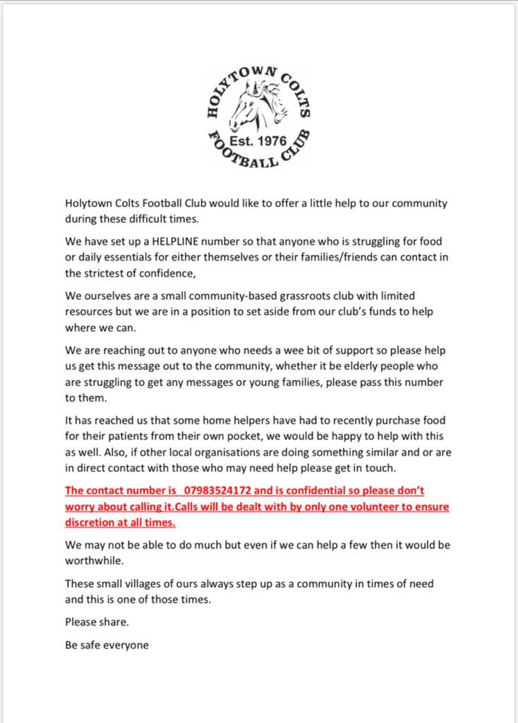 Can all local people who follow us please share this message ..thanks 

COVID19 HELP. 
Please see below, we are here to help, and want to help in our local area. #holytowncolts #morethanaclub
