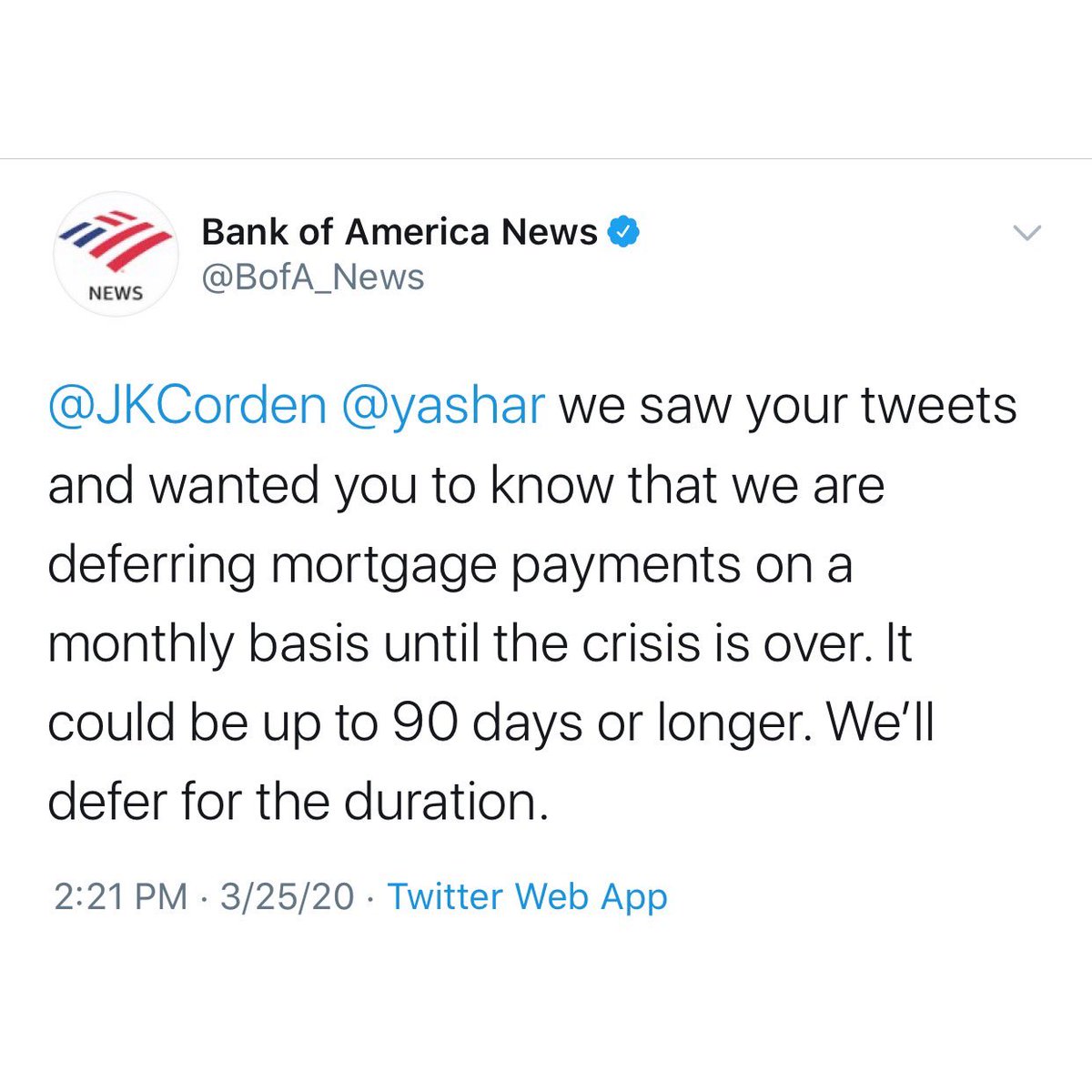 2. Update: Some good news here from  @BankofAmerica for homeowners. cc:  @JKCorden