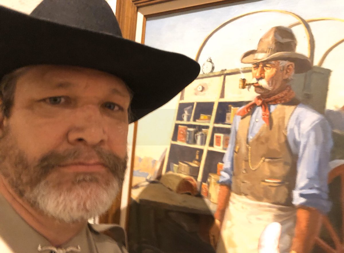 ncwhm's tweet image. My mustache salutes his mustache. The Wagon Cook, 1960 by Nicholas Samuel Firfires, Oil on canvas. Museum purchase funded by Mr. and Mrs. A. J. “Jack” Cooke, 1991.44 #HashtagTheCowboy Thanks, Tim