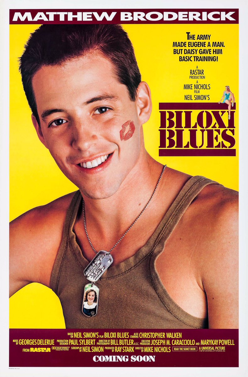 FilmNewsNos's tweet photo. 🎬MOVIE HISTORY: 32 years ago today, March 25, 1988, the movie ‘Biloxi Blues’ opened in theaters!

#MatthewBroderick #ChristopherWalken #MichaelDolan #MarkusFlanagan #MattMulhern #CoreyParker #CaseySiemaszko #PenelopeAnnMiller #ParkOverall https://t.co/iYskPpVFyV