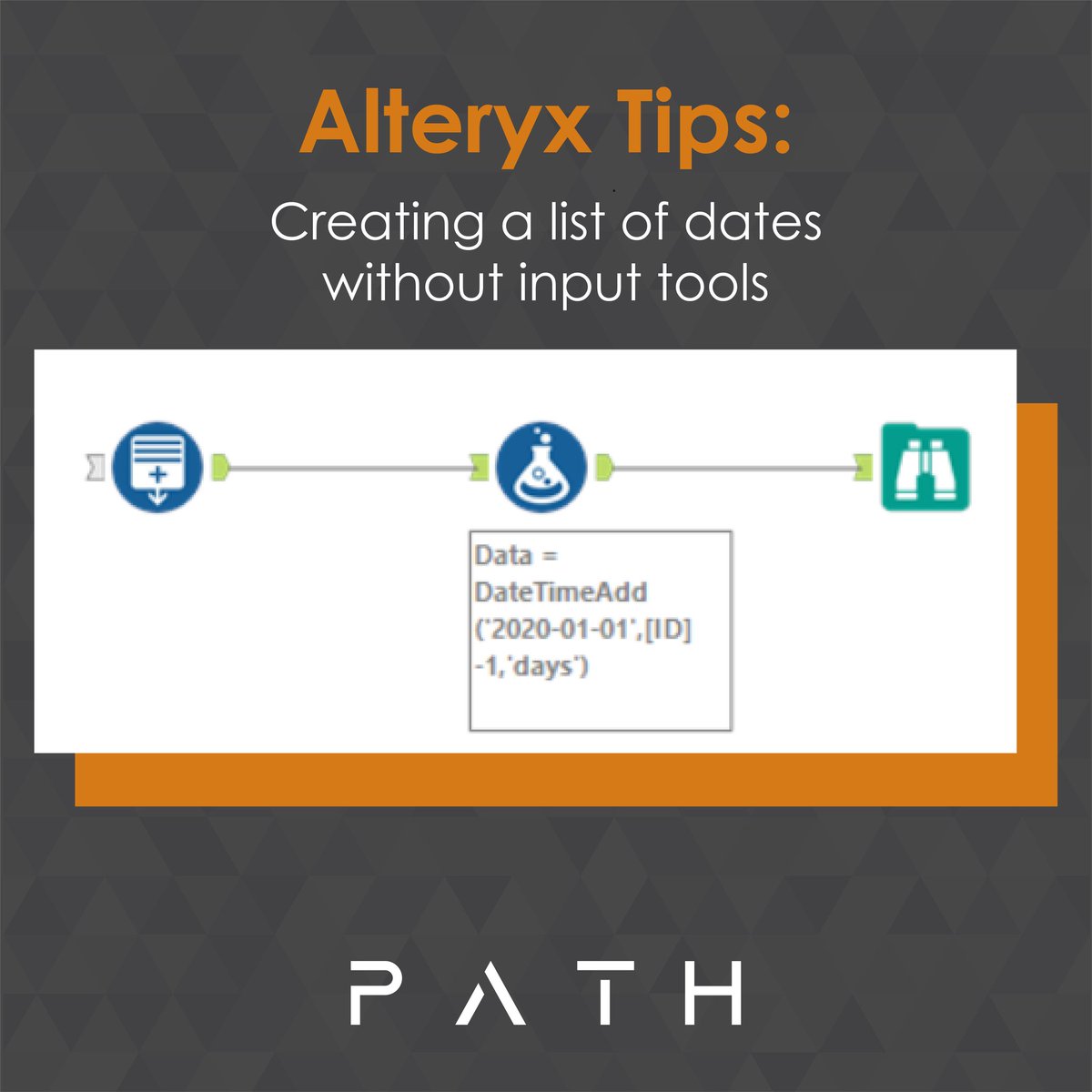 PathDataFan's tweet photo. 🇺🇸 P A T H | Alteryx Tips
In this tip you will learn how to create a list of dates without using an Input Tool
Find this Tip in our website:
https://t.co/Kjt9Yo1bJf
#alteryx #alteryxpath #alteryxdesigner #selfserviceanalytics #pathtips #datafan #wearedatapeople https://t.co/DVKKvCmkiN