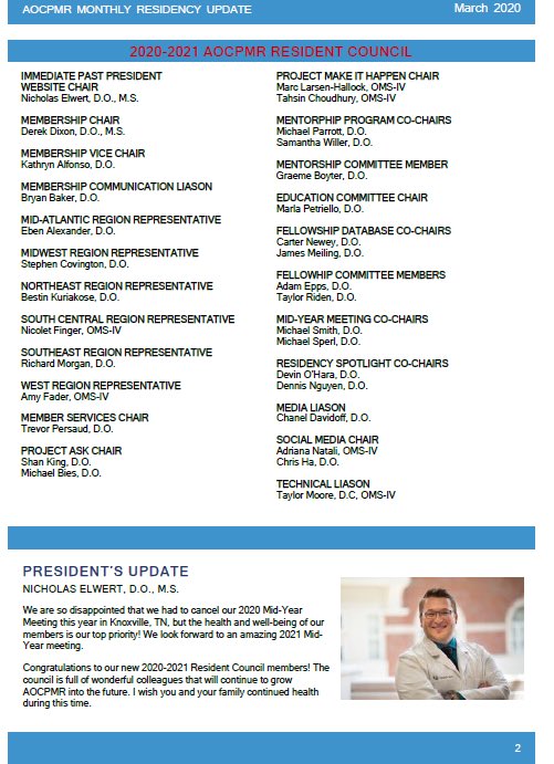 Congratulations to PGY2 <a href="/msmithDO/">Michael D. Smith, DO</a> for his appointment to the 2020-2021 <a href="/aocpmr/">AOCPMR</a> Resident Council! #physiatry