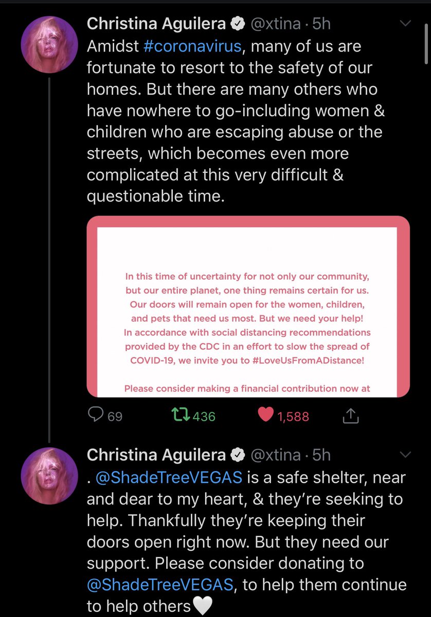 Amidst the  #COVID19 pandemic Christina Aguilera used her platform to encourage others to contribute towards helping The Shade Tree who provide safe shelter to homeless and abused women & children in crisis so that they can continue helping their clients.