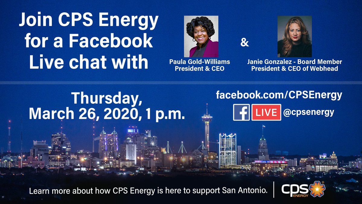 We aim to put #PeopleFirst!

Join us TOMORROW, Mar. 26 @ 1 p.m. for a live chat session w/ our President &amp; CEO <a href="/Paula_GW/">paula</a> &amp; Trustee <a href="/latinaceo/">LATINA CEO</a> Janie Gonzalez as we share how CPS Energy is here to support #SanAntonio.

We hope to see &amp; hear from you soon! #CommunityStrong
