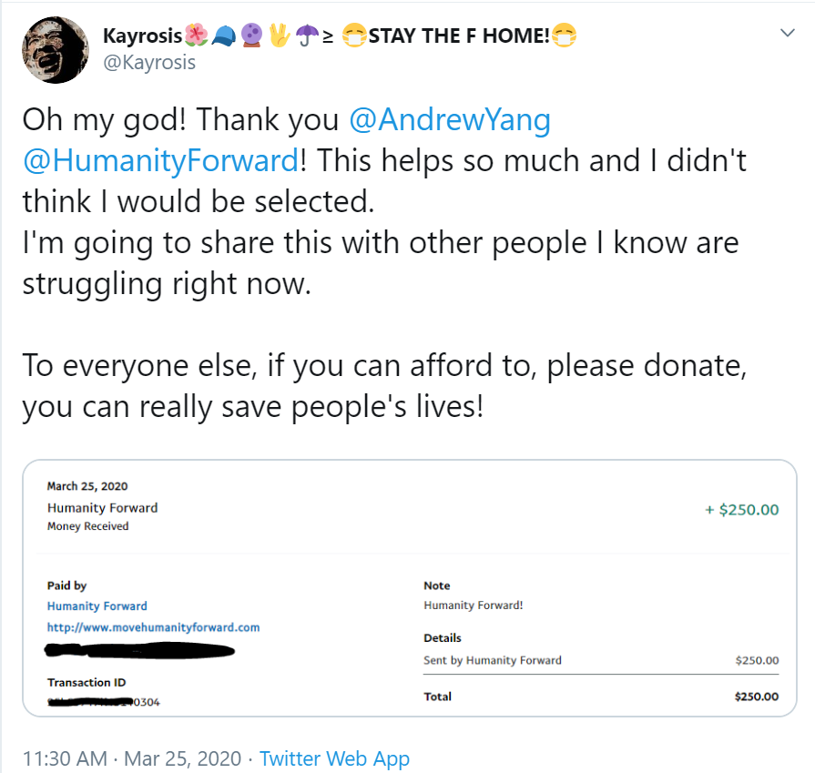 OK  #YangGang, these are tough times. But let's focus on the positives.Our boy  @AndrewYang's new org,  @HumanityForward, is out here making a real difference in American's lives. Black, white, male, female, doesn't matter when you're  #HumanityFirst. Let's check them receipts.