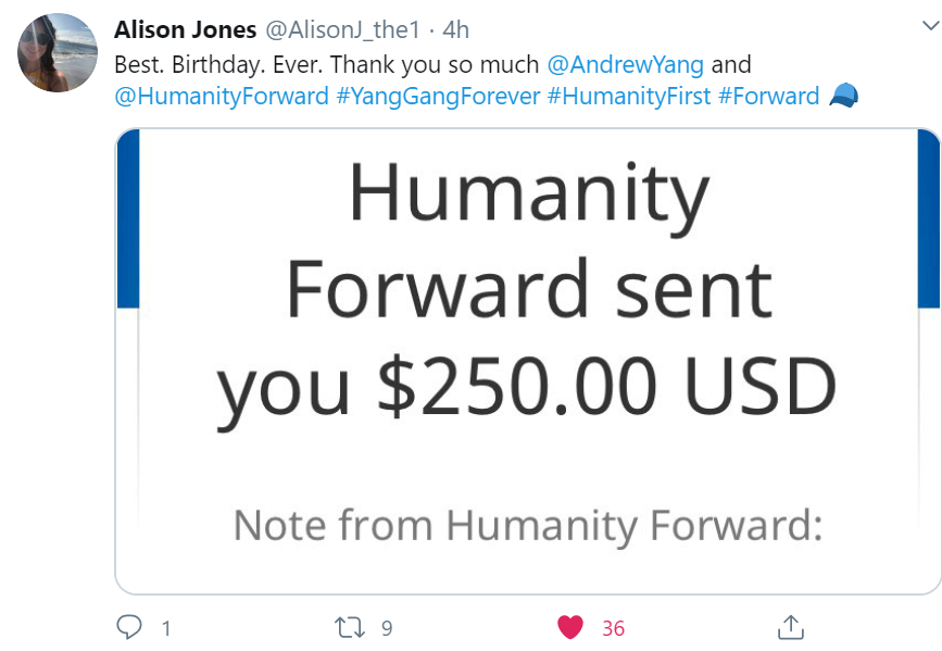 OK  #YangGang, these are tough times. But let's focus on the positives.Our boy  @AndrewYang's new org,  @HumanityForward, is out here making a real difference in American's lives. Black, white, male, female, doesn't matter when you're  #HumanityFirst. Let's check them receipts.