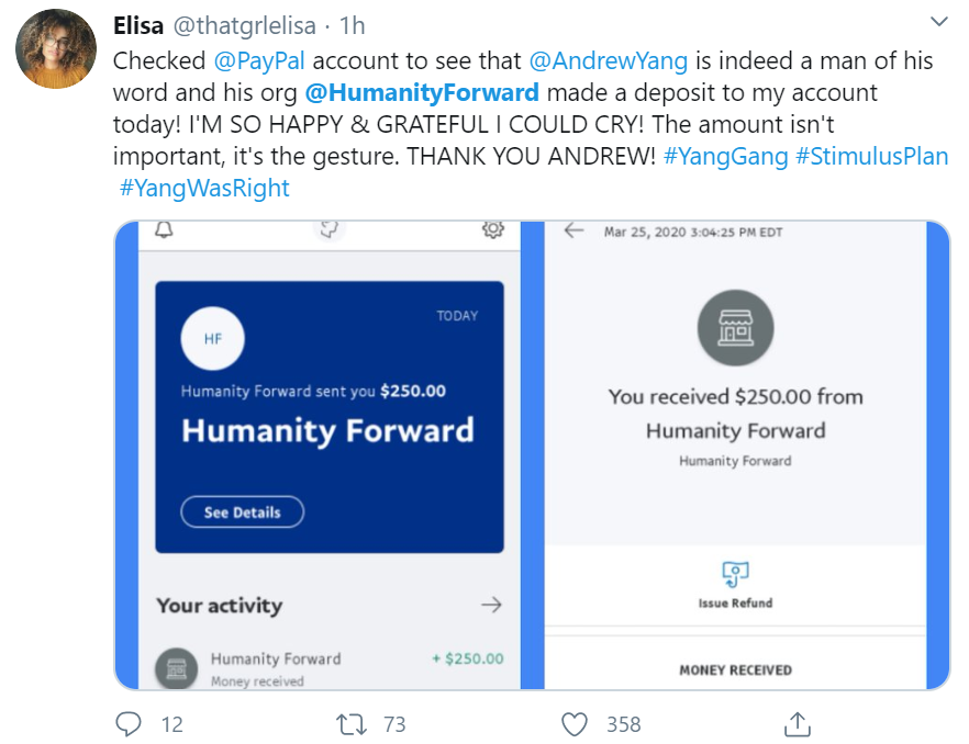 OK  #YangGang, these are tough times. But let's focus on the positives.Our boy  @AndrewYang's new org,  @HumanityForward, is out here making a real difference in American's lives. Black, white, male, female, doesn't matter when you're  #HumanityFirst. Let's check them receipts.