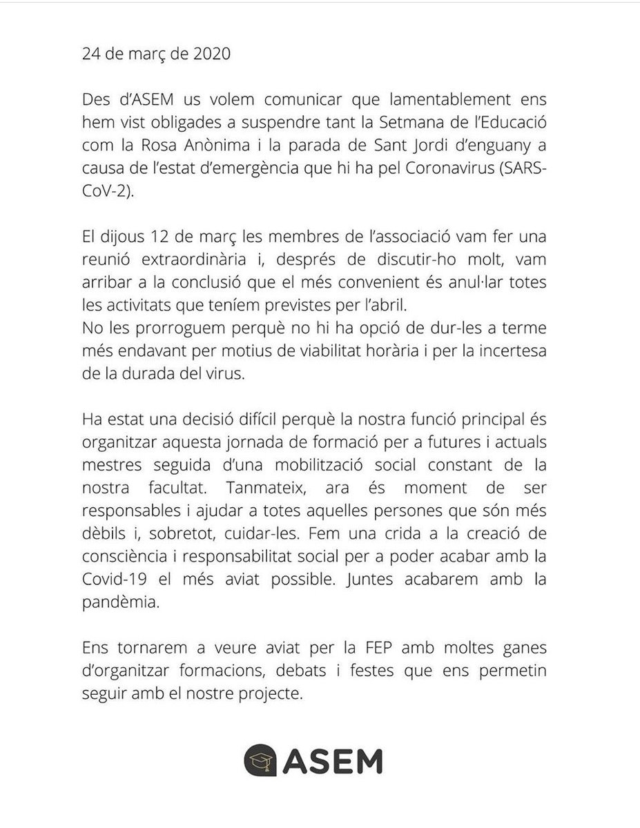 ASEM_UdG's tweet photo. Comunicat d'ASEM: Anul•lació de la Setmana de l'Educació, Rosa Anònima i la parada de St Jordi. https://t.co/3pRJ53PBGi