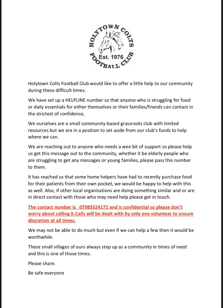 Guys anybody who needs the extra help or knows somebody who needs the help get in touch with the number Holytown colts once again showing what great club they are 🔴⚫️ all private and confidential