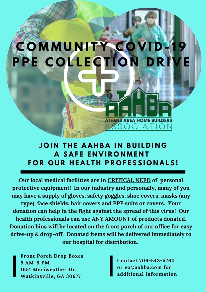 AthensAreaHBA's tweet photo. COMMUNITY PPE COLLECTION DRIVE!! Contact or drive-by to donate. https://t.co/WC6DQFRUJy