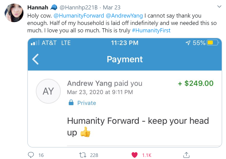 That's why I'm going to keep this thread of testimonials for all the help  @AndrewYang and  @HumanityForward are giving in this scary time. If you see a tweet with proof of payment from HF that's not listed here, hit me up  #YangGang!  #Yang2024