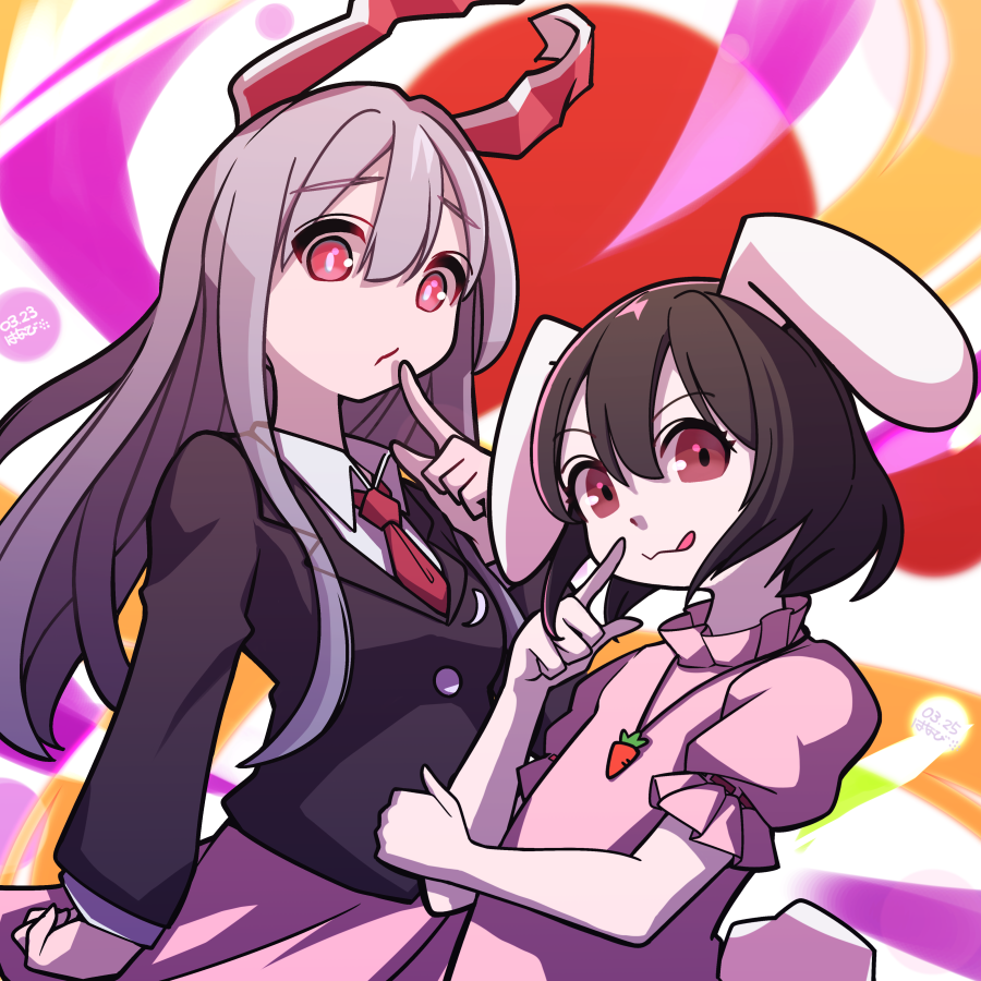 inaba tewi ,reisen udongein inaba animal ears multiple girls rabbit ears 2girls carrot necklace jewelry red eyes  illustration images