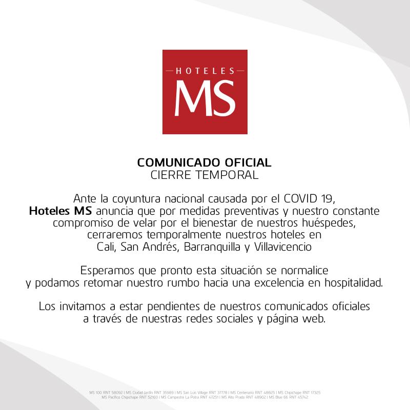 hotelesms's tweet photo. Desde hace 13 años #HotelesMS se propuso brindar servicios de calidad. Sin embargo, dada la coyuntura ocasionada por el COVID 19, hemos cerrado temporalmente los hoteles en Cali, San Andrés, Barranquilla y Villavicencio. #Quédateencasa https://t.co/EI5dE0shH0