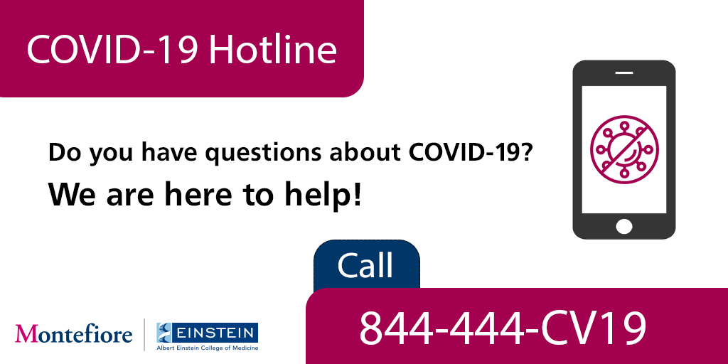 MontefioreNYC's tweet photo. Questions about #COVID19? Call Montefiore’s hotline between 8am and 6pm EST Monday through Friday for information. For more COVID – 19 info you should know, visit: https://t.co/b1xuu5fCFq https://t.co/9p21T50jRx