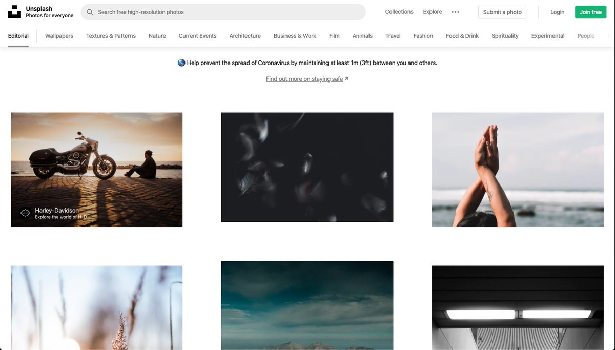 vg_id's tweet photo. Gotta love @unsplash's nod to #SocialDistancing #COVID19 #design #staysafe https://t.co/kDDCm9plnK