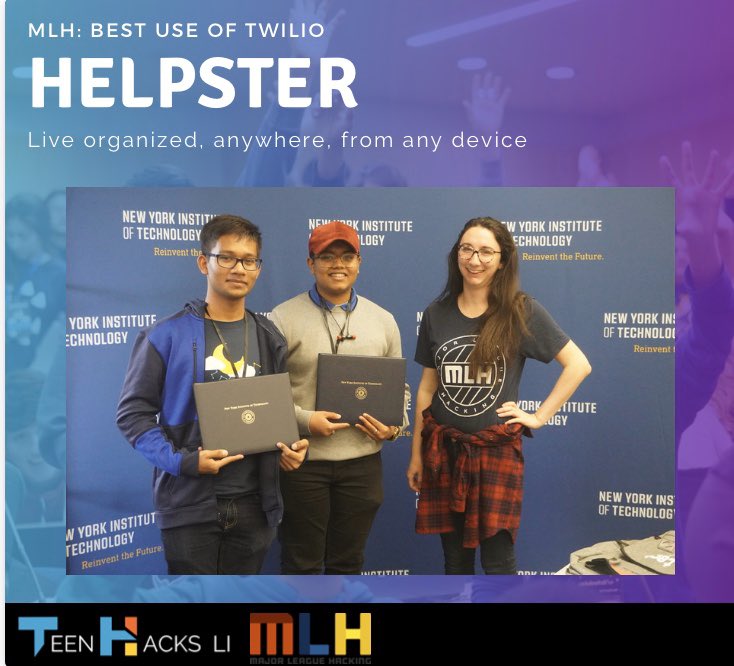 🏆 Congrats to our #thli2019 Fall winners of the 1517 Entrepreneurialism Hack, MLH: Best Domain.com, and MLH: Best Use of Twilio.

Check out our devpost for more info. Sign up for Spring 2020 via teenhacksli.com NOW🔥