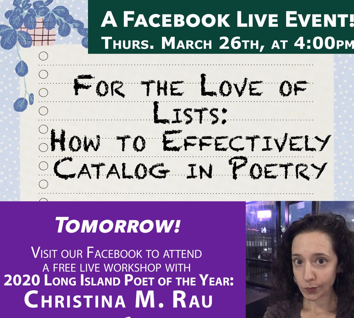 wwbirthplace's tweet image. Tomorrow at 4:00PM!! Join us!
#remoteevent #facebook #facebooklive #lists #poetry #writing #poem #workshop #stayathome #thingstodo #event #writer #poet #waltwhitman #museum #free #socialdistancing #catalog #streaming #class #artist #supportthearts #discoverlongisand #interactive