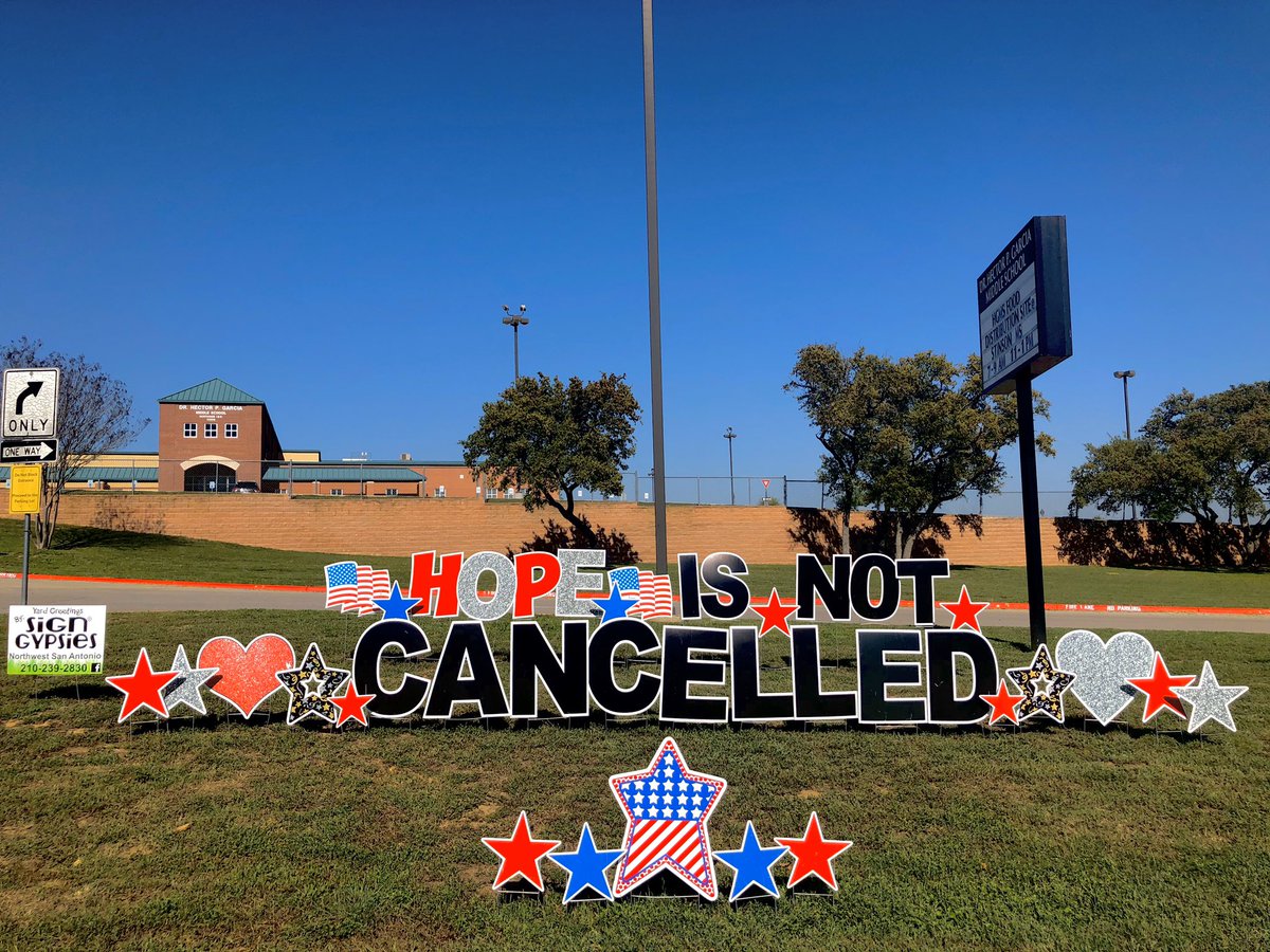 DrMarkJLopez's tweet photo. There are many things that make @NISDGarcia great. One is def our supportive community.They surprised us with this sign today! Our classes may be cancelled but not the hope we provide each other through distance learning.We miss our students and HOPE to see you soon! @NISD https://t.co/r3Yepke6h2