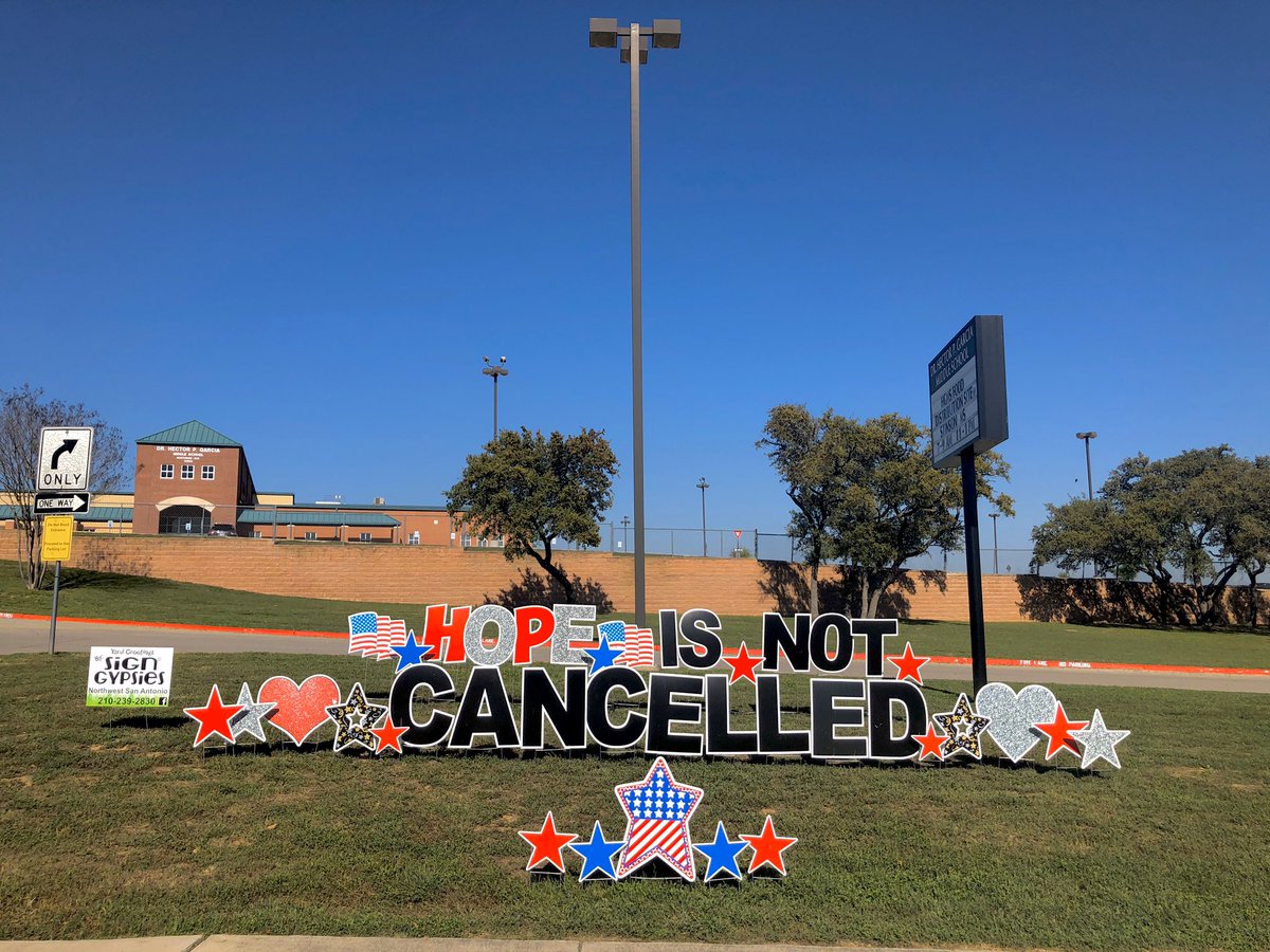 DrMarkJLopez's tweet photo. There are many things that make @NISDGarcia great. One is def our supportive community.They surprised us with this sign today! Our classes may be cancelled but not the hope we provide each other through distance learning.We miss our students and HOPE to see you soon! @NISD https://t.co/r3Yepke6h2