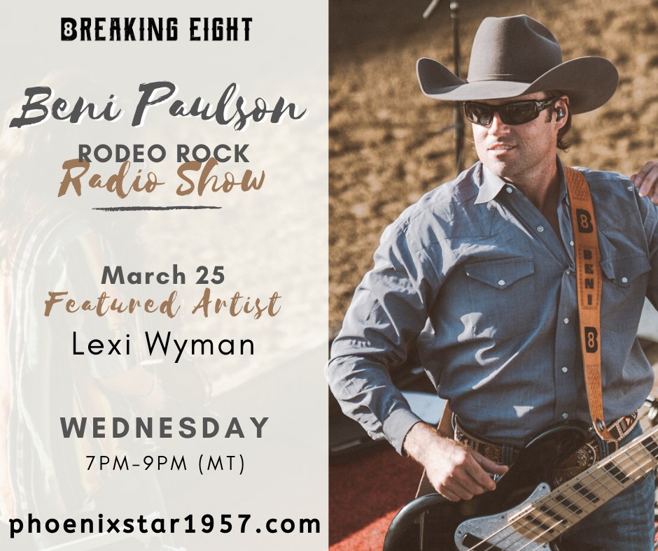 breaking_eight's tweet photo. @paulson_beni will be LIVE on the radio TONIGHT with his Rodeo Rock #RadioShow! 🎙

@lexiwymanmusic will be the #FeaturedArtist! 🎸

Catch Beni Wednesdays from 7-9pm (MT) at https://t.co/n7rrN06yoK.

Brought to you by Crazy X Custom Leather.

#breakingeight #bullfighterinterview https://t.co/7AFrZ4JTaA