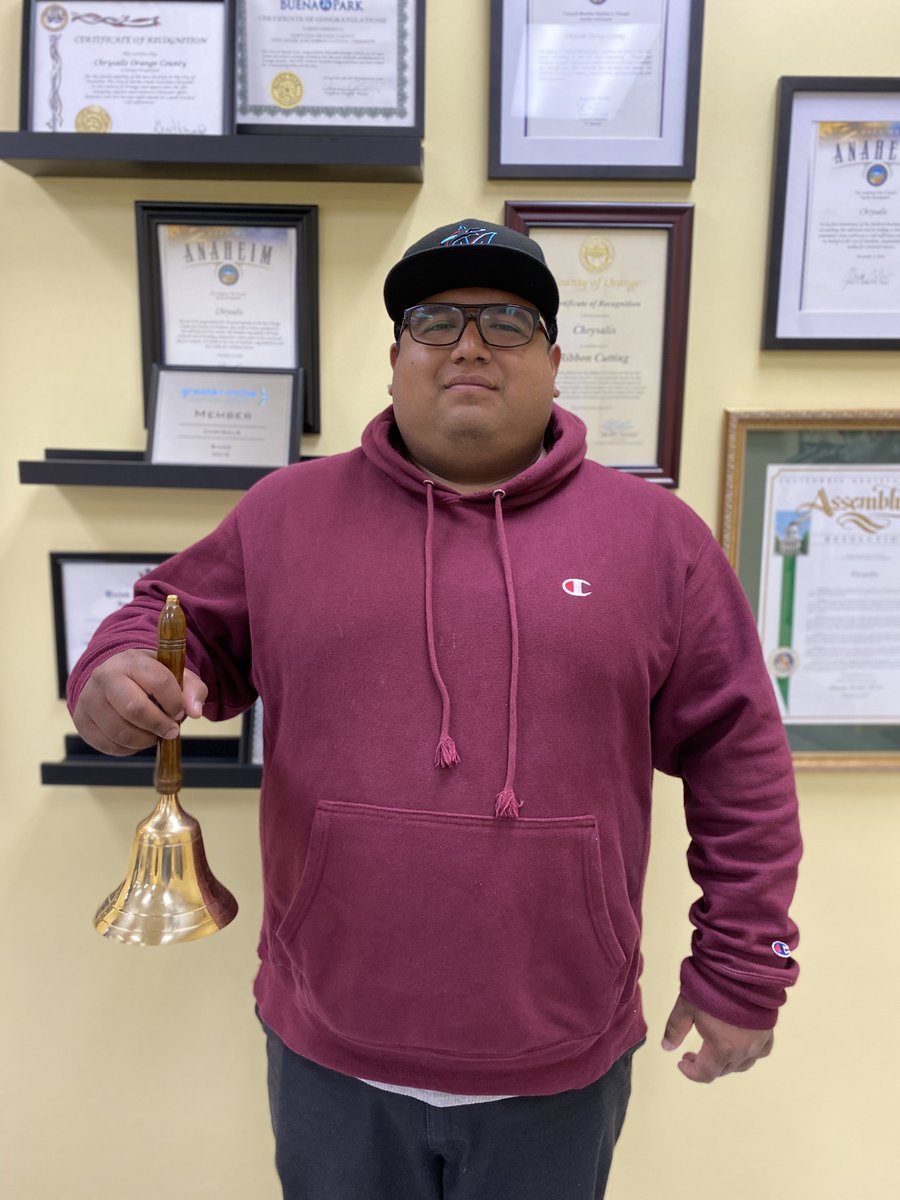 ChrysalisSoCal's tweet photo. We can’t wait to hear the #SuccessBell ringing at our centers again. We love celebrating clients, like Marco, in this way. Not too long ago, he rang the bell at Chrysalis Orange County and shared that he secured employment with staff, volunteers, and clients! #ChangeLives https://t.co/86FpFkjobz