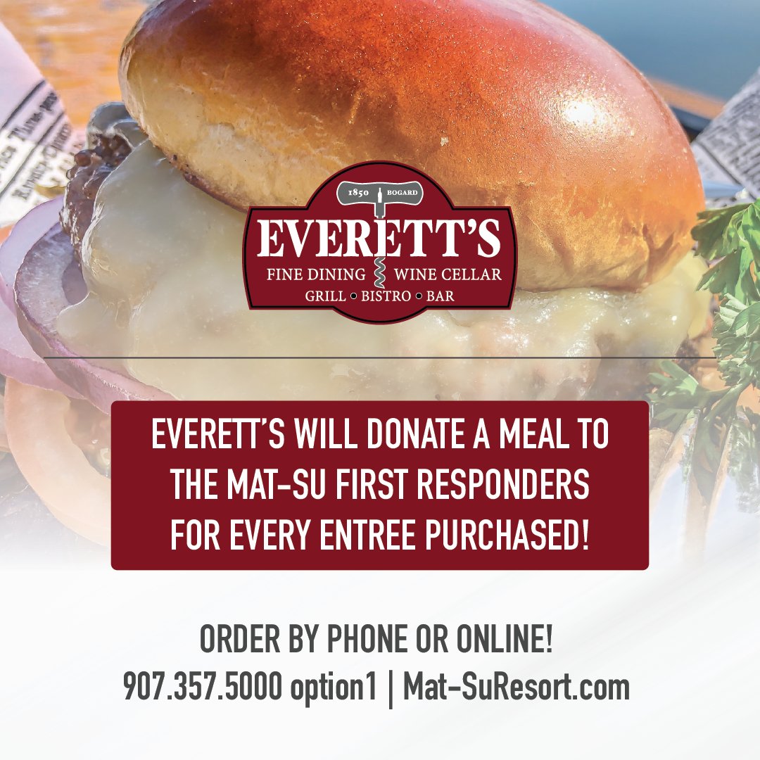 MatSu_Resort's tweet photo. 👩‍���️ HELP FEED THOSE WHO HELP KEEP US SAFE!👨‍⚕️

Everett's is DONATING a meal to the Mat-Su Valley First Responders for every entree purchased for takeout or delivery! Available Wednesday - Sunday 11 am - 8 pm.

https://t.co/C9ZOE2cro2 https://t.co/jUTUHfpdL7
