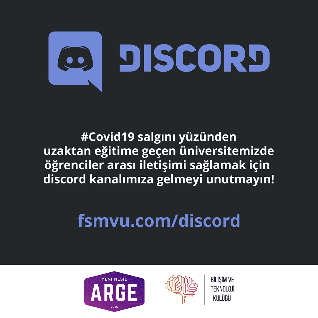 #Covid19 salgını yüzünden uzaktan eğitime geçen üniversitemizde öğrenciler arası iletişimi sağlamak için discord kanalımıza gelmeyi unutmayın!

fsmvu.com/discord