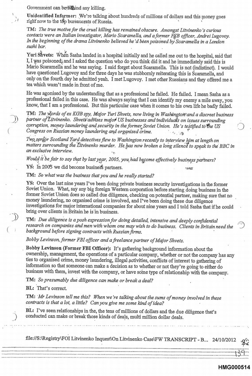 16/ Yuri Shvets and Bob  #Levinson (R.I.P.) were business partners.  https://webarchive.nationalarchives.gov.uk/20160613090333/https://www.litvinenkoinquiry.org/files/2015/04/HMG000513wb.pdf