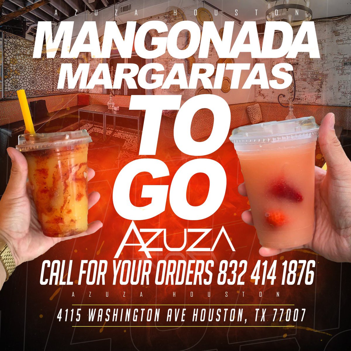 azuzahouston1's tweet photo. Hello Houston!! When ordering your food Togo with us don’t forget to add a frozen margarita or margarita! 4115 Washington Ave! #AzuzaHouston #HoustonHookah 💨 https://t.co/HQzxPr0jVR