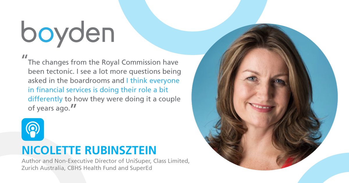 Nicolette Rubinsztein, Author and Non-Executive Director of UniSuper, Class Limited, Zurich Australia, CBHS Health Fund and SuperEd, drops into the pod to discuss the changes she’s seeing in the financial sector and insights from her book, Not Guilty. boyden.com/media/nicolett…