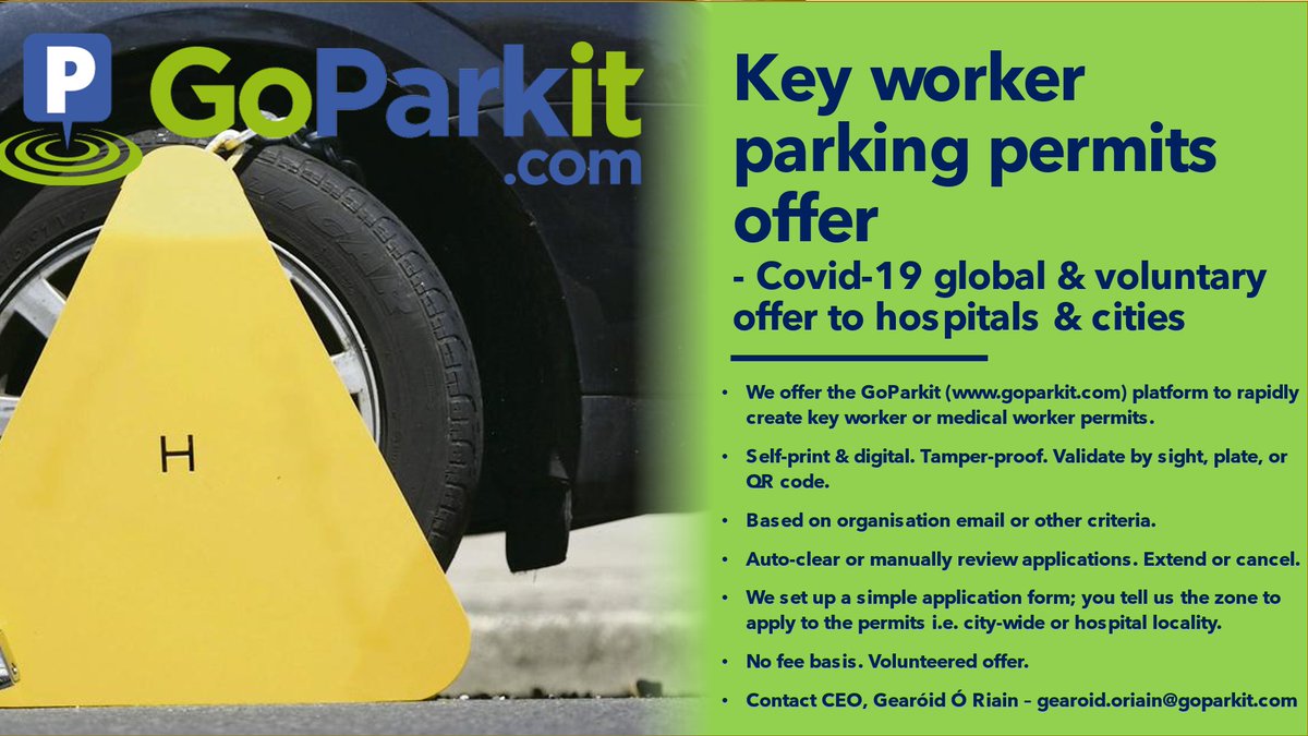 GoParkitDotCom's tweet photo. We would be delighted to help with hospital or council parking or other charges / permits to identify key workers. A tiny contribution but may help... https://t.co/4PQMd1siS8