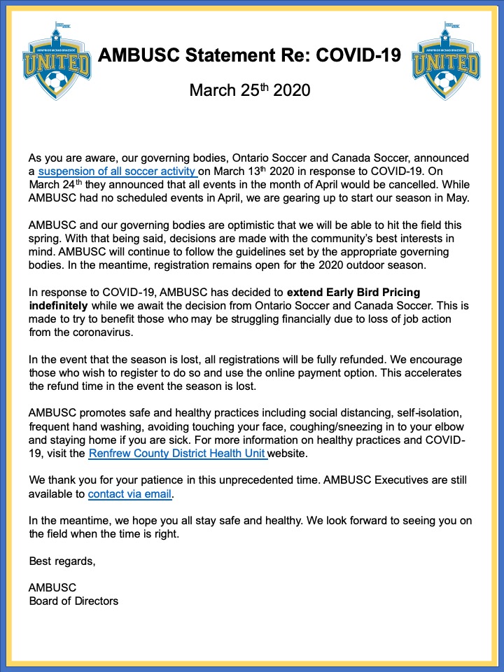 Please see attachment or link for latest statement re: COVID-19.
ambusc.e2esoccer.com/ViewArticle.as…