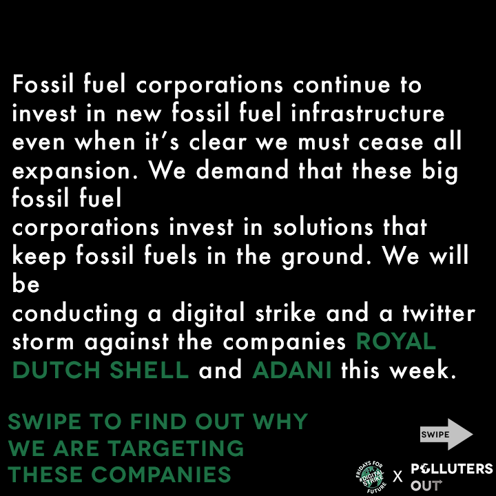 fff_digital's tweet photo. This Friday, 3/27, #digitastrike with us and @pollutersout to demand that @shell and @AdaniOnline #KeepItInTheGround ⁣
⁣
Fossil fuel corporations continue to invest in new fossil fuel infrastructure. We demand they invest in solutions that keep fossil fuels in the ground. https://t.co/srVIPEFhIT