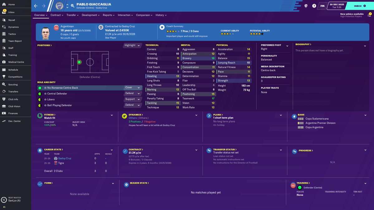 I've just signed this player as i was short on centre-backs, and... erm? He's amazing? Bought from second division Tigre for £205k and he's not going anywhere any time soon, not under my watch.