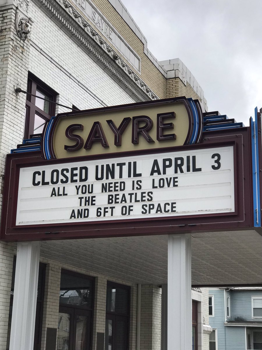 Eoconnelldc's tweet photo. A few photos from around my hometown #SayrePA. A food pantry set up outside a business that is closed, signs of closings and a little humor and message of love from our historic movie theater. @BradfordCounty #COVID2019 #WashYourHands #SocialDistancing https://t.co/rcYi0lFLo6
