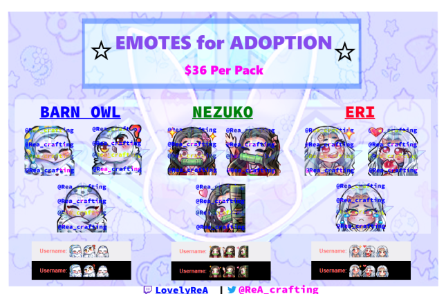 ReA_crafting's tweet photo. Cute Emotes for Sale/Adoption #twitchaffiliate #nezuko #MyHeroAcademia #TwitchEmoteArtist #twitchemotes #emoteartist #emotesforsale #cute #anime Please give them a loving home today!<3 First come first serve. https://t.co/FALiENz8oT