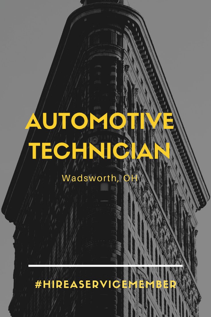#Hiring #AutomotiveTechnician - #Wadsworth, #Ohio.
Apply:  bit.ly/NGESP_AutoTech…
For info: bit.ly/EboniNGESP
#HireAServiceMember #NGESP #HireMilitary #JobSearch #MilitaryJobs #OhioMeansJobs #HireMe #Covid19Jobs #HireMeNow #Covid19OhioReady #inthistogether #OhioVets