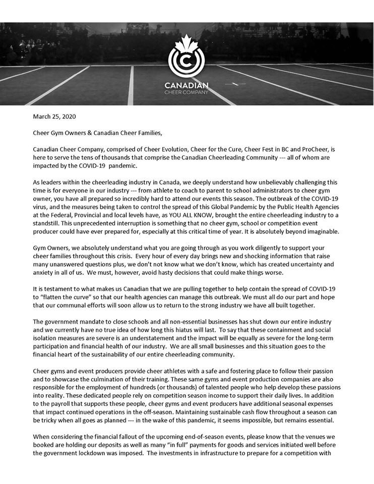CACupdates1's tweet photo. STATEMENT from Canadian Cheer in regards to COVID-19 and Nationals 🇨🇦 https://t.co/7DLOuJTDoi