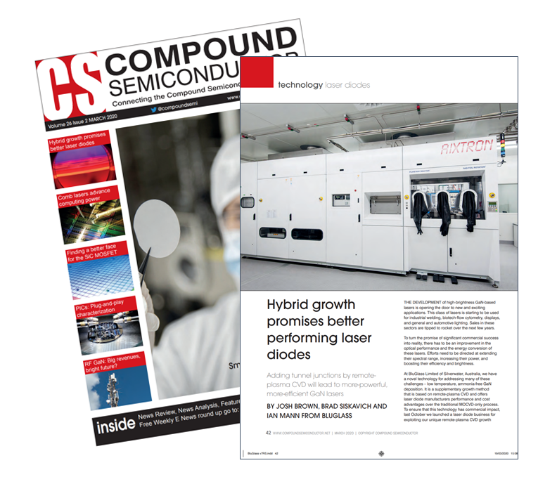 BluGlass_Ltd's tweet photo. @compoundsemi has published a new article by @BluGlass_Ltd CTO @IanKMann, Josh Brown &amp; Brad Siskavich on using #RPCVD in active-as-grown #tunneljunctions - and their use in #laserdiodes. Article available from p.42 on at https://t.co/jYA1aaIxI7 https://t.co/NhulBwEc4a
