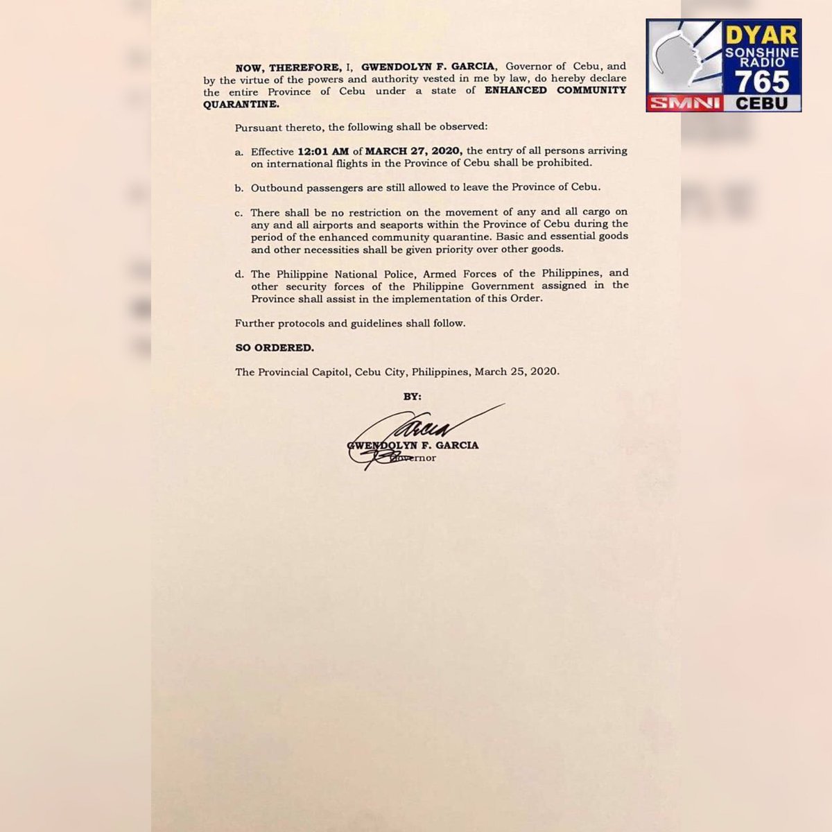 JimreyBiosa's tweet photo. Cebu Province is now under Enhanced Community Quarantine signed by Governor @gwengarcia1ph effective March 25, 2020 https://t.co/B0xerZj2kB