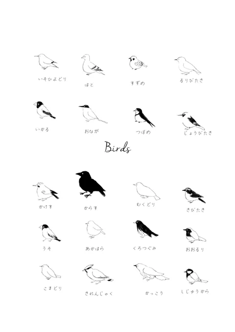 #イラストレーターにできること 
https://t.co/AJNy9bfZt8
こちらの絵を塗り絵用にしました。鳥の名前も。どれも身近な鳥ばかり描いたので、図鑑など見てじっくり塗って、出来上がったら外の鳥を観察してみてください? 