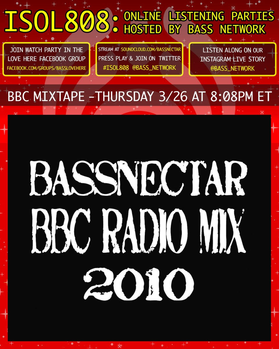 bass_network's tweet photo. 📡 #ISOL808 Online Listening Party 📡

What: BBC Mixtape (2010)
When: Thurs 3/26 @ 8:08pm ET
Where: Love Here Facebook Group, Twitter, + Instagram Live
Why: To connect with bass heads around the world while social distancing!
How: https://t.co/ixUZJLdERu

⚠️ Spread The Word ⚠️ https://t.co/0pRCNcF0Z6