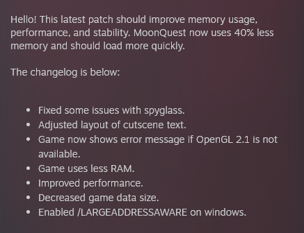playmoonquest's tweet photo. A new build is now available on Steam and Itch. I've dramatically reduced memory usage and tried to address some performance and stability issues. Stay safe everyone! https://t.co/qRZQnuj8rf