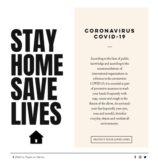 OFosterGallery's tweet image. Mandatory social isolation is an exceptional and necessary measure to stop the circulation of the COVID-19 coronavirus around the world and prevent contagion.
Staying home saves lives. Let's be responsible.